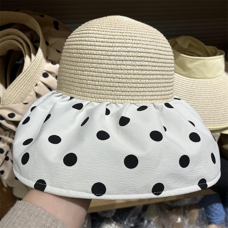 

Женская панама виниловая с широкими полями для защиты от солнца и УФ-лучей, в горошек, с контрастной отделкой, для улицы, пляжа, путешествий, с защитой лица, летняя Adult (56-58cm) бежевый
