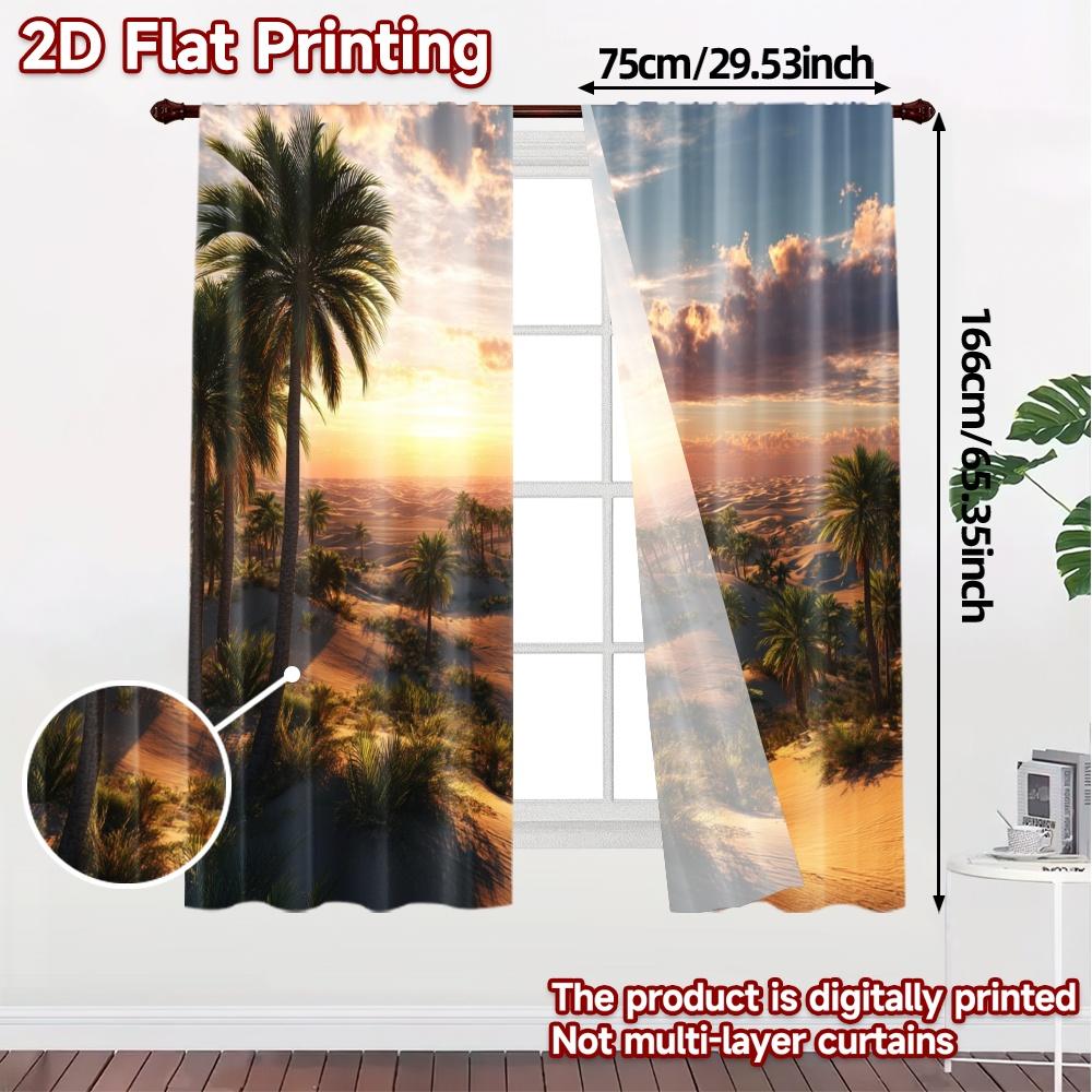 2pcs, 2D FLAT PRINTING Curtains (Without Rod) Desert Oasis Sunrise Popular Curtains Semi-Sheer Curtains Home Decor Suitable for
