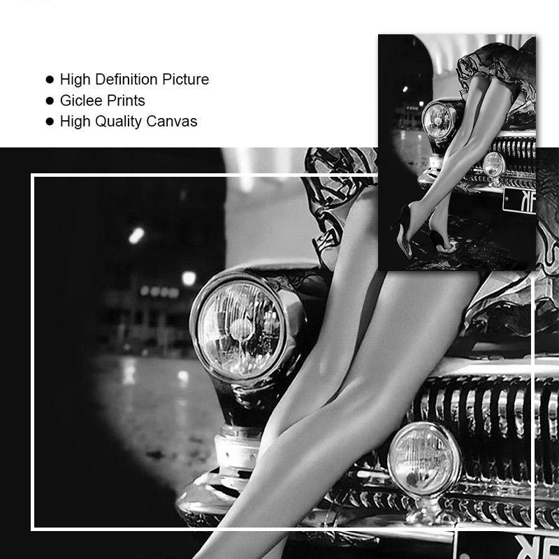 Black and White Retro Sexy Woman CanvasPainting Wine Car Silk Stockings Girls Print  Poster Flower Picture for Living Room Decor