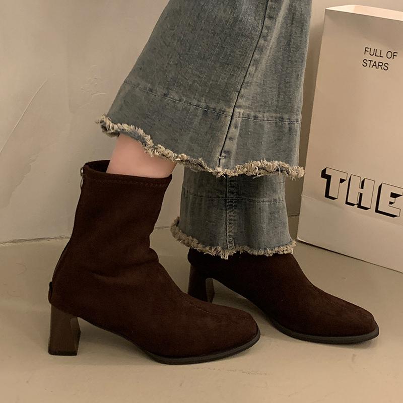 Women's Fleece-lined Small Leg Boots High Heel Korean Style Winter Shoes  New Autumn Short Boots Rubber Material