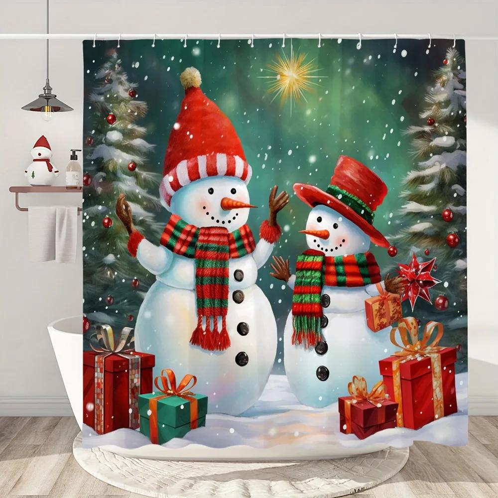 Snowman Christmas Shower Curtain Christmas Tree Gifts Red Bird Winter Snow Fabric Printed Bath Curtain Bathroom Decor With Hoo