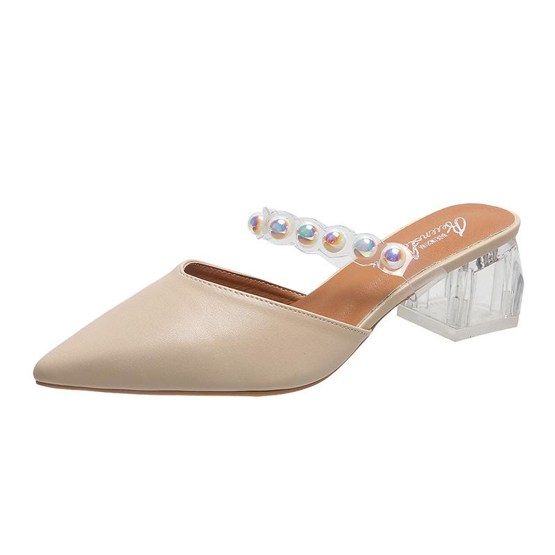 Summer new Korean version pointed transparent with pearl bag head thick heel women cool slippers fashion casual high heel slippers women