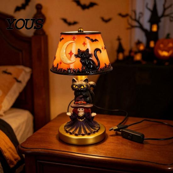USB Powered Halloween Lamp Night Light, Stained Glass Lamp, Retro Gothic Glowing Low Energy with Warm Amber Purple, Tabletop Decor for