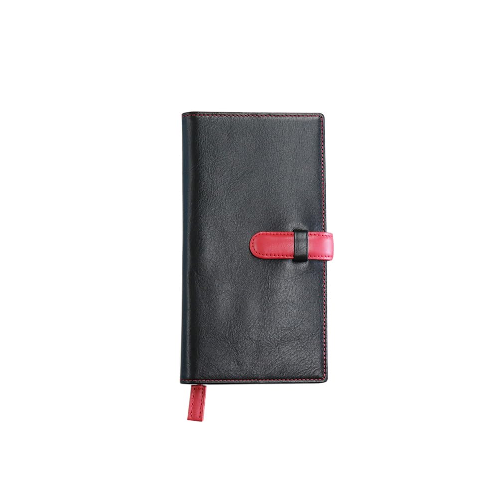 (Seal Al) Genuine Leather Notebook Cover, B6 Size, Vertical, Slim, with Belt, Two-Tone, Fits Weeks MEGA (01. Black/Red)