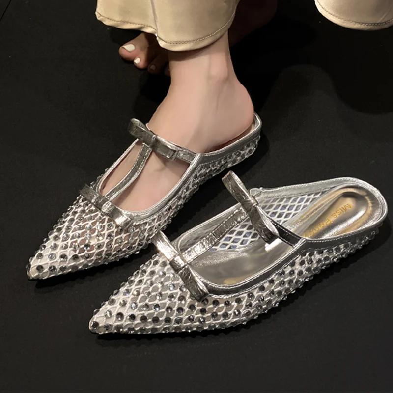 

Модные хрустальные женские тапочки, балетки с острым носком, дизайнерские мюли, обувь с ремешком на пятке, уютные женские сандалии 2025, модный бренд Mujer De Zapatos 40 серебряный