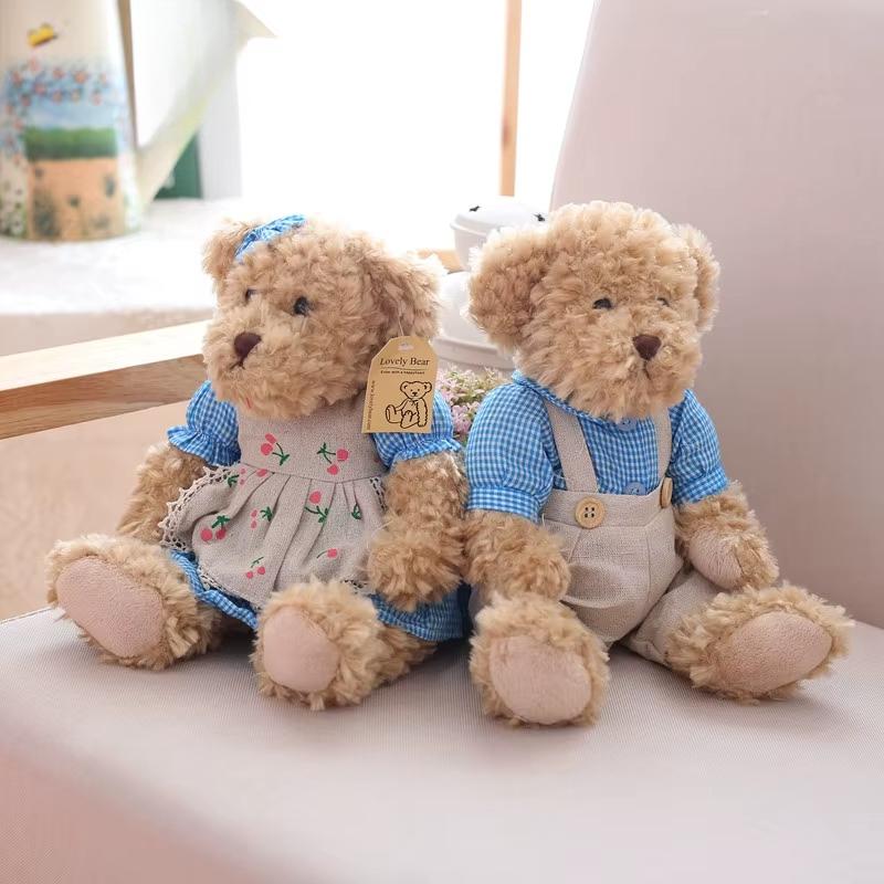 A Pair 26cm Cute Couple Teddy Bear with Cloth Plush Toys Stuffed Dolls Toy Kids Baby Girls Children Girl Birthday Christmas Gift