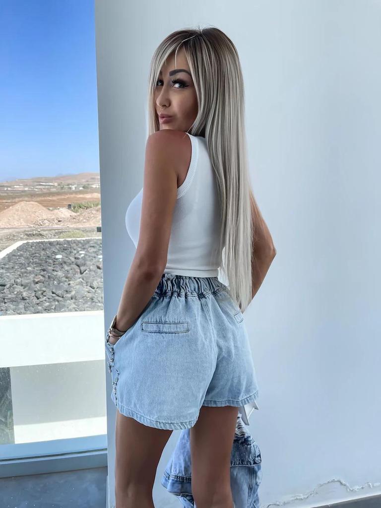 Handmade Beaded Rhinestone Elastic Waist Denim Shorts for Women – European & American Summer Autumn Fashion