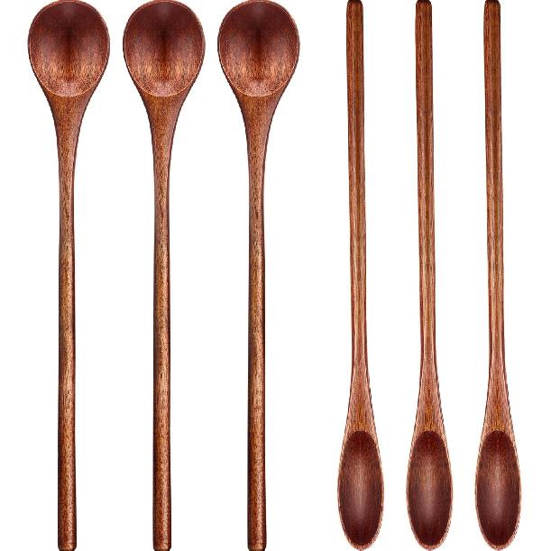 Patelai Wooden Coffee Spoons Long Handle Mixing Wooden Spoon Handmade Stirring Teaspoon for Kitchen Stirring (kusunoki, 10 Pieces) 6