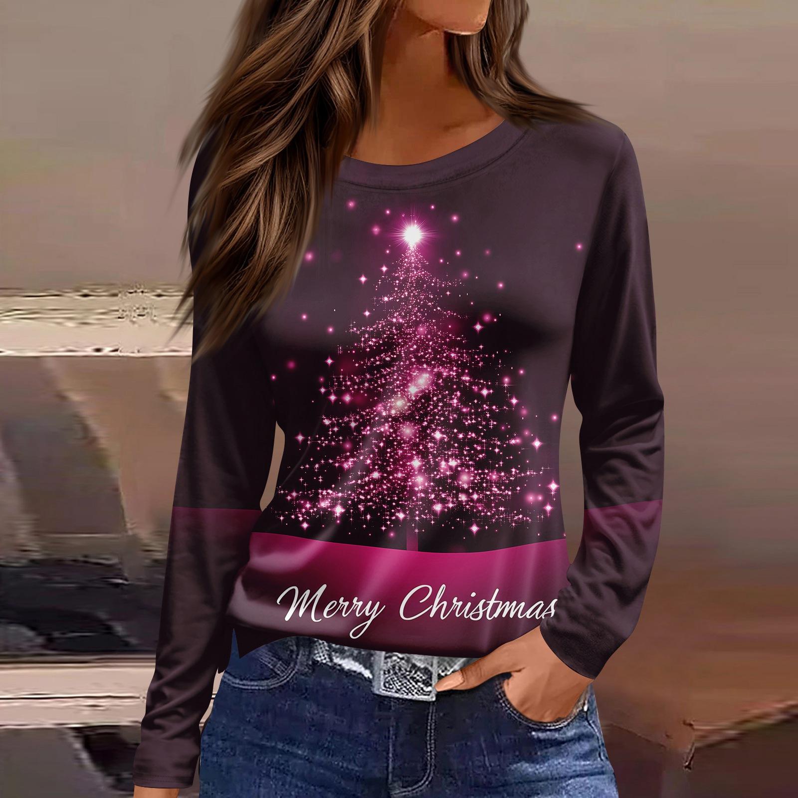 

Женская модная повседневная футболка с разрезом по низу, круглым вырезом, длинными рукавами, свободного кроя, с рождественским принтом, женский топ L