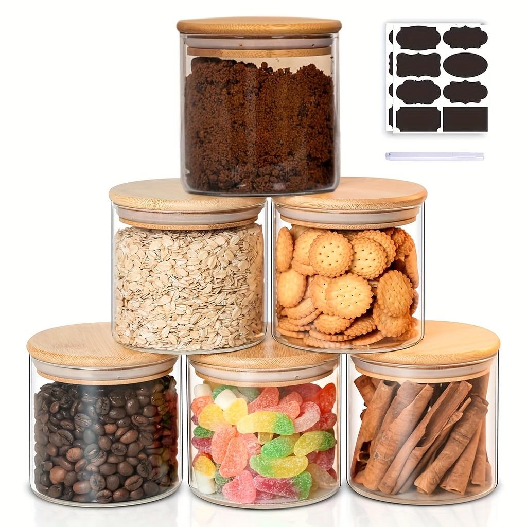 22oz Set Of 6 Glass Jars With Airtight Bamboo Lids Glass Kitchen Canisters Clear Container For Food Storage Of Dry Goods Cookie