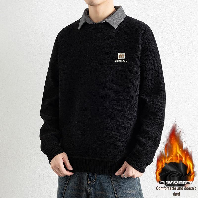 KM1013 Men s Winter Embroidered Velvet Knit Two-Piece Shirt Sweater M (95-120 jin) чёрный