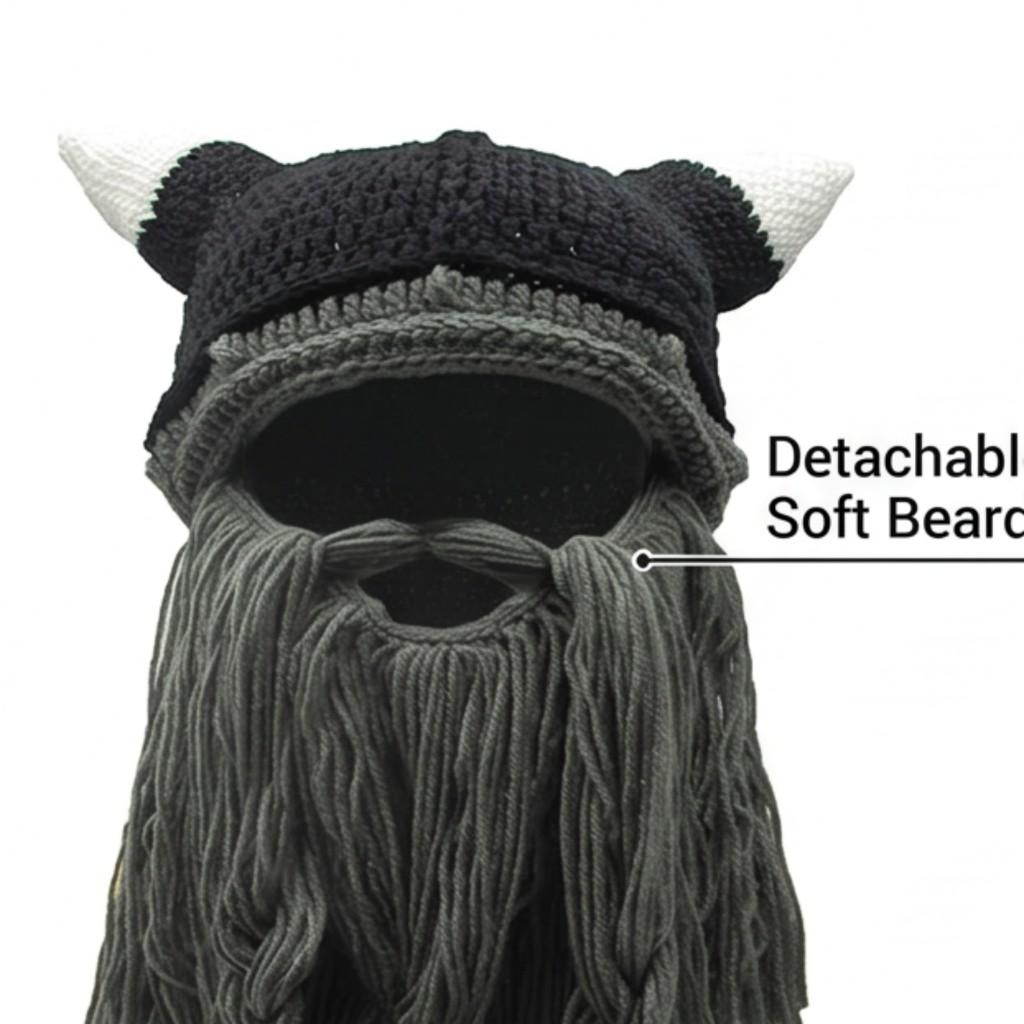 Gestrickte Wikinger-Bart-Mütze mit Bullenhörnern
