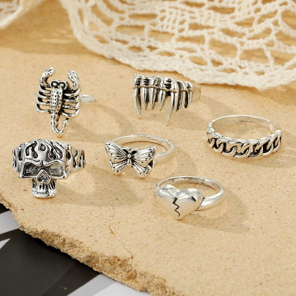 Vintage Hand Carved Ring Skeleton Tooth Butterfly Love Versatile Jewelry Ring Set