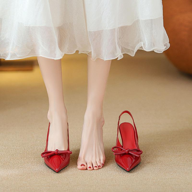 

2025 summer new red bow pointed stiletto high heels femininity elegant women s shoes versatile wedding shoes 34