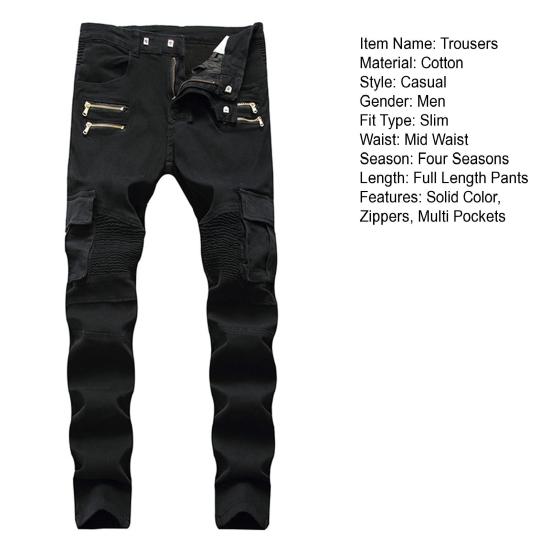 Motorcycle Cargo Pants Pleats Multi Pockets Solid Color Slim Fit Streetwear Hip