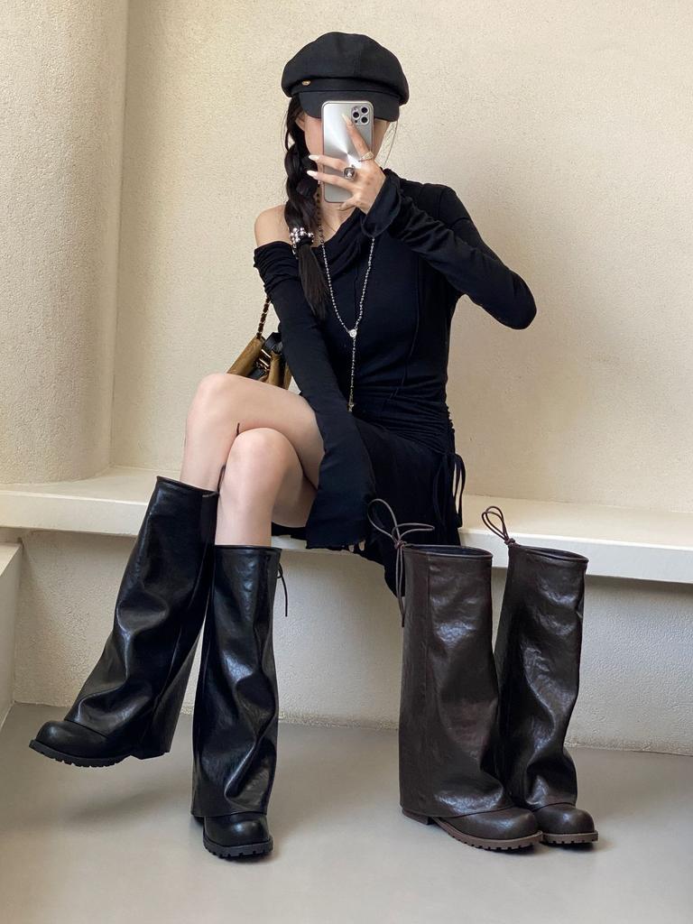 European and American Trouser Boots Women's 2025 Autumn and Winter New Maillard Retro Pleated Knight Boots Stacked Boots