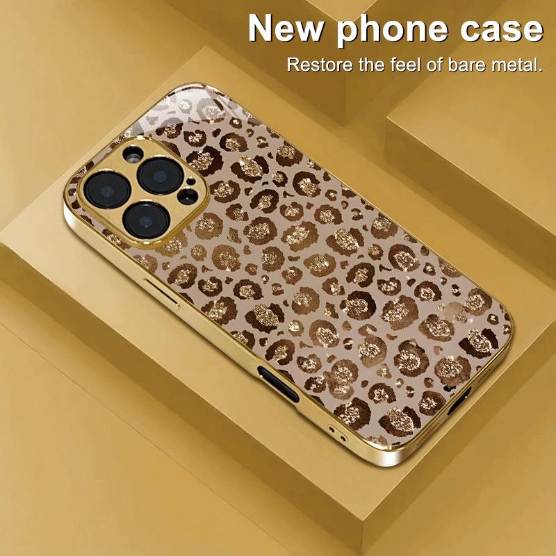 Luxury Leopard Print Gold Metallic Paint Glass Phone Case For iPhone 17 16 15 14 13 12 11 Pro Max 14 15 Plus 17 Air 16E Cover