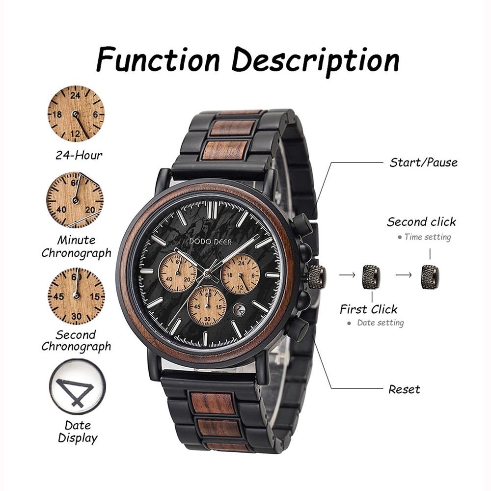 Wood Watch Wateproof Quartz Analog Watches Wooden+metal Strap Chronograph Date Unique Personalized Gifts