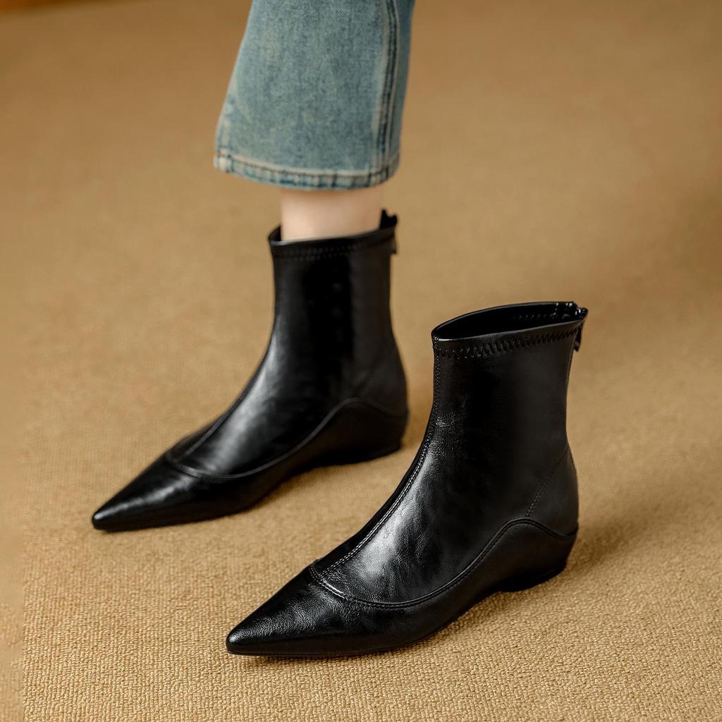 French Stretch Slimming Boots: Autumn/Winter Fleece-lined, Retro Style, Soft Leather, Inner Height Increase, Back Zipper Short Boots