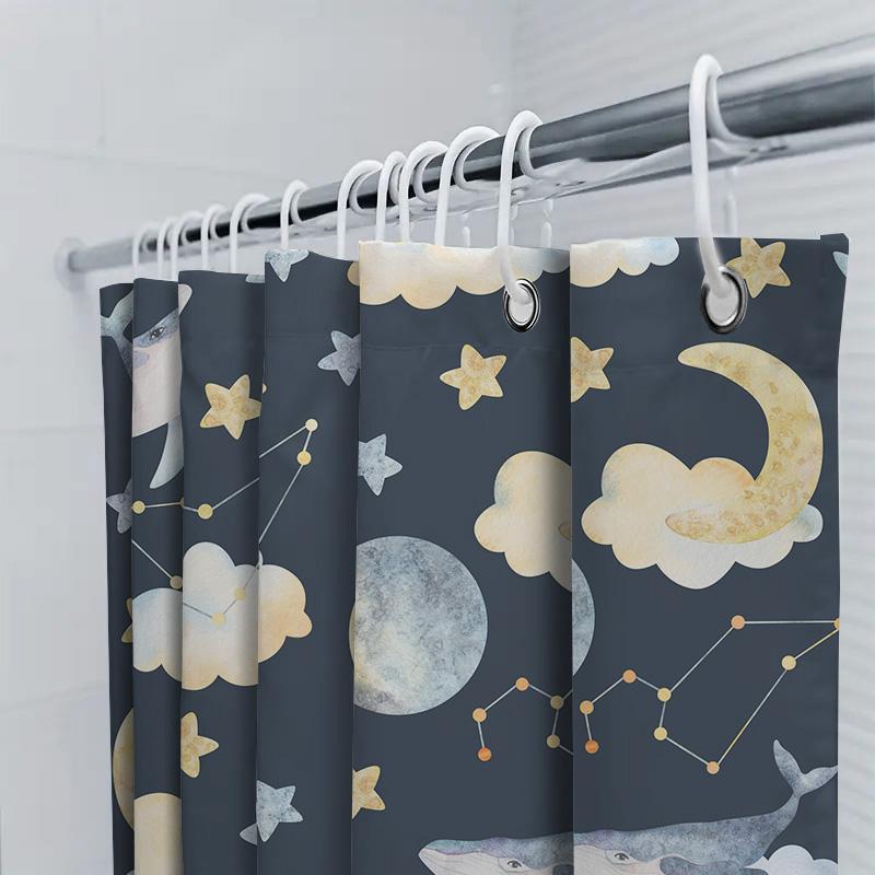 Whimsical Moon Star Print Shower Curtain Navy Blue Background with Whales, Clouds Constellations Perfect for Bath Decor!
