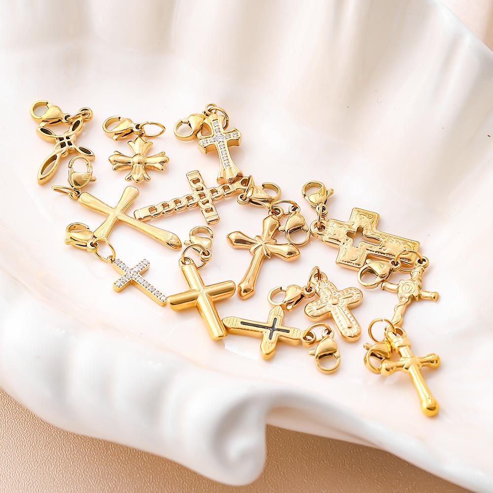 Personalized Retro Style Engraved Three-Dimensional Cross Series Lobster Buckle Pendant Stainless Steel Gold Diy Accessories