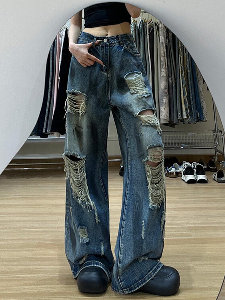 Retro Washed Ripped Distressed Loose Wide-Leg Winter Jeans XS синий