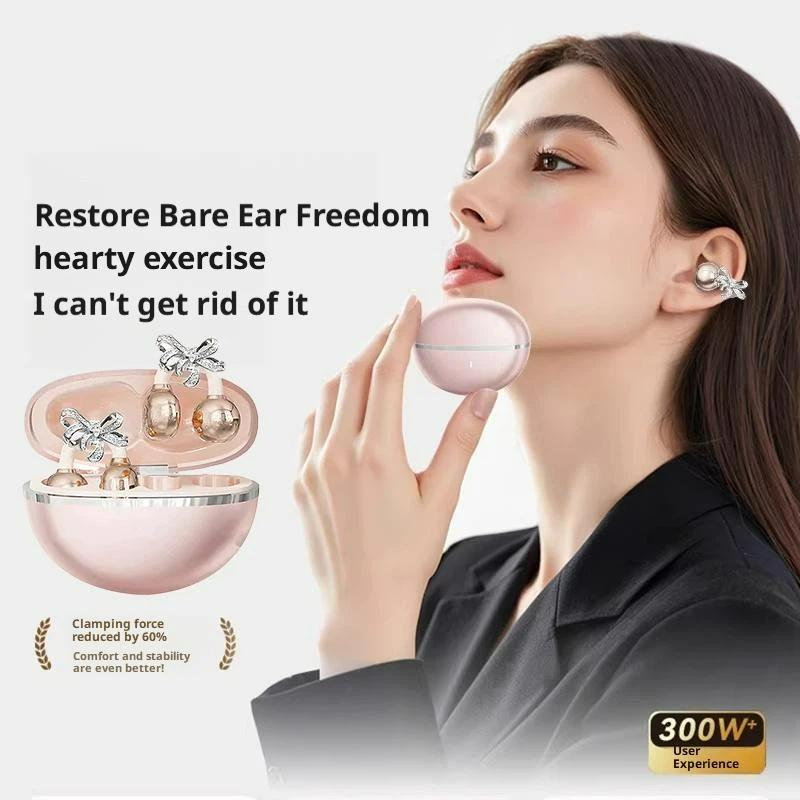 Clip-on Earbuds Wireless Bluetooth 5.4 Open Ear Headphones with Detachable Crystal Bowknot Earrings Eearphones For Sports, Fitness & Workouts