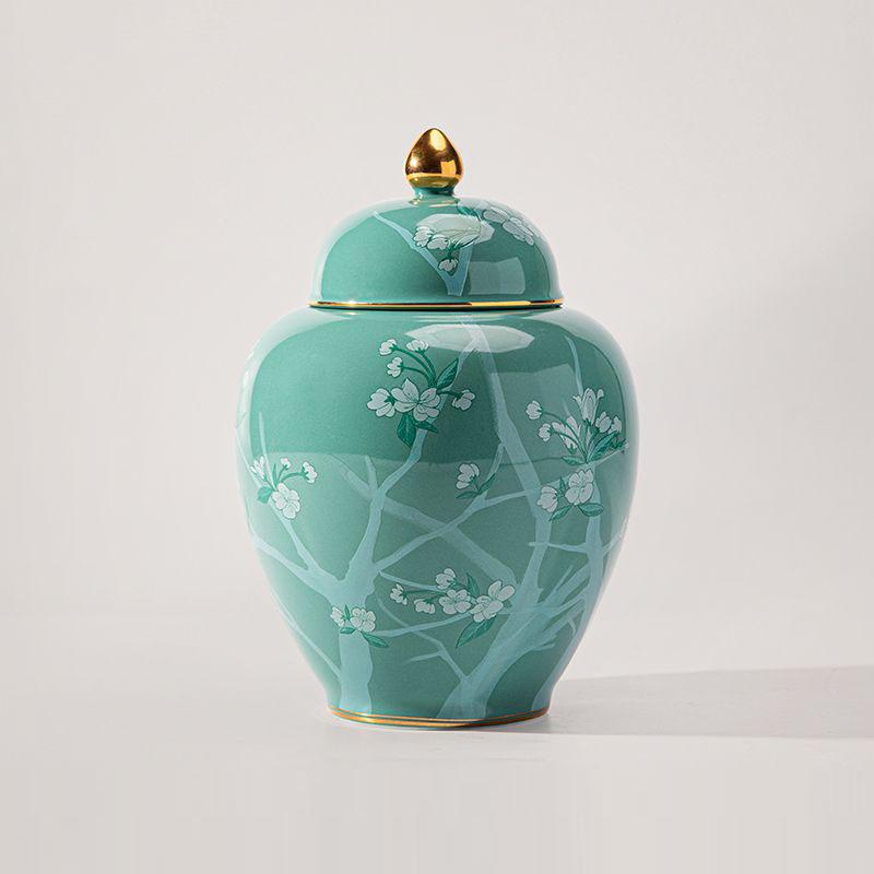 Chinese Ceramic Tea Canister Green Flower Candy Canister Delicate Multifunctional Coffee Bean Food Storage Jar Moisture-proof