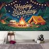 2D Cartoon Campfire Tent Birthday Backdrop Starry Night Outdoor Theme Party Decor Background