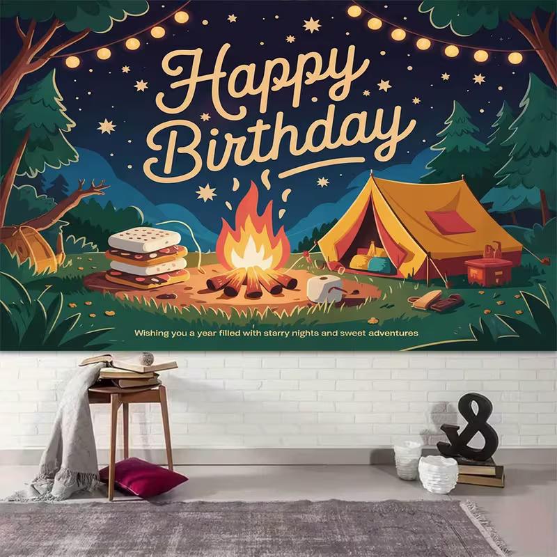 2D Cartoon Campfire Tent Birthday Backdrop Starry Night Outdoor Theme Party Decor Background