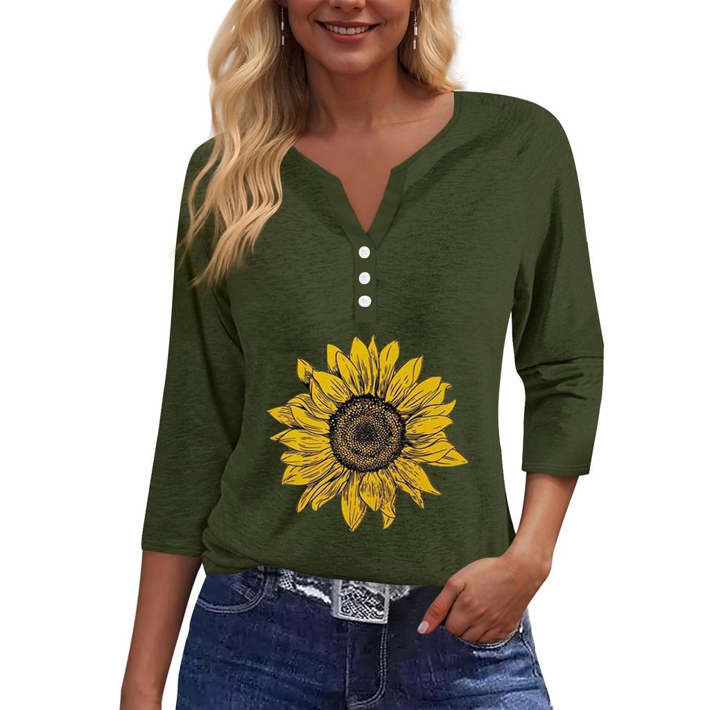 Dámské tričko Tričko Potisk knoflíku 3/4 rukáv Denní víkendová móda Basic Top s výstřihem do V