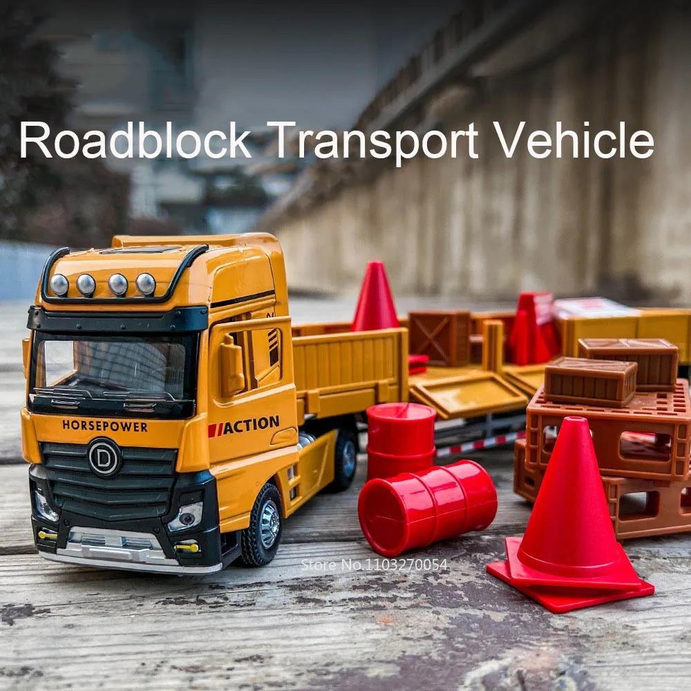 ABAE1 1:32 Alloy Roadblock Transport Vehicle Flatbed Trailer Toy Model Diecast Car Doors Opened Sound Light Toys Christmas Gift Friend
