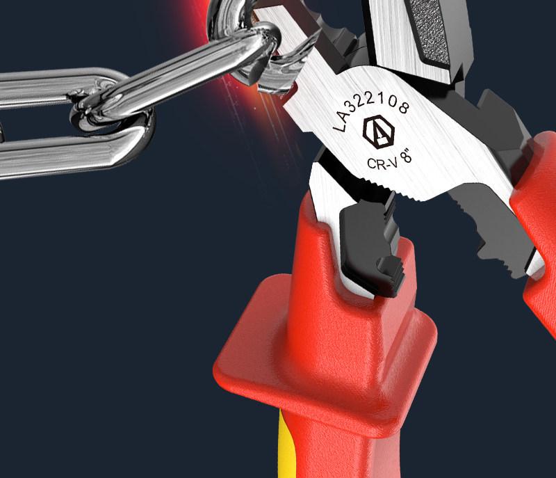 High Voltage Insulated Needle-Nose Electrician Pliers, 1000V, for Cutting, Crimping, Stripping, Angled Use.