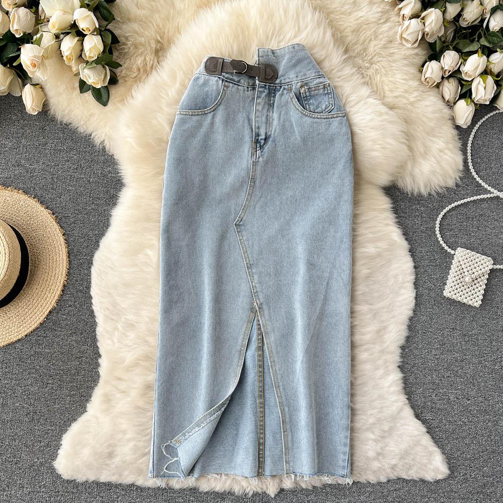 Rudod High Waist Denim Skirt Women's Spring And Summer Design Sense Medium Long Irregular Split A-Shaped Hip Wrap Skirt Trend
