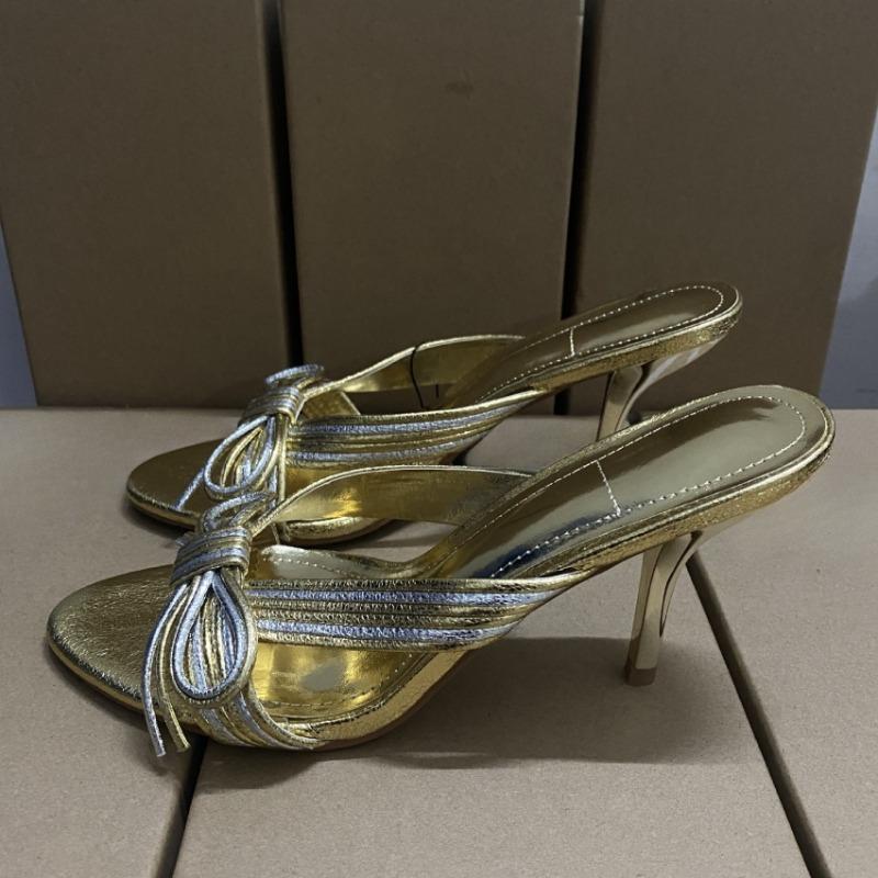 Soleist Golden High Heels Women Sandals Bow Knot Decoration Brand Designer Summer Mules Open Toe Elegant Stiletto Party Shoes for Female