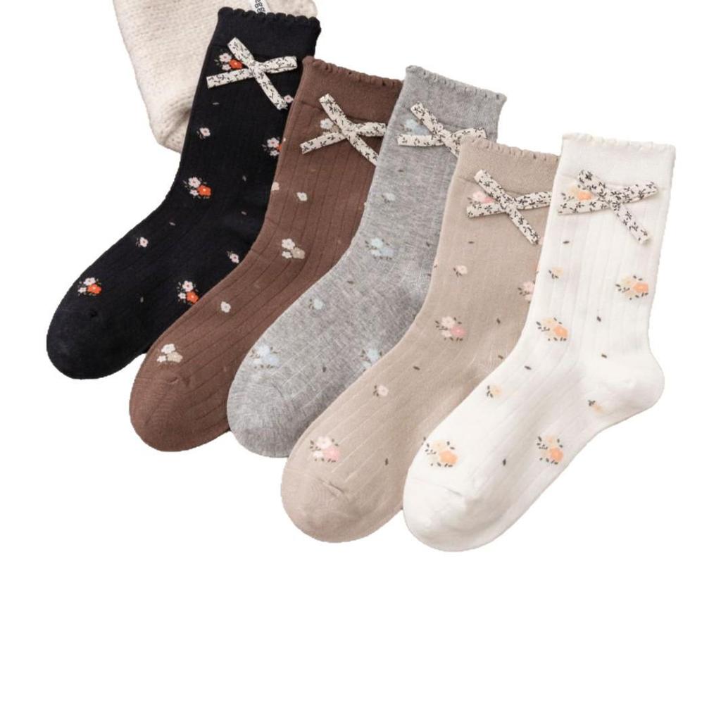 2025 Spring/Autumn Women's Japanese Style Floral Bow Cotton Mid-Calf Socks - Cute College Style for Autumn/Winter