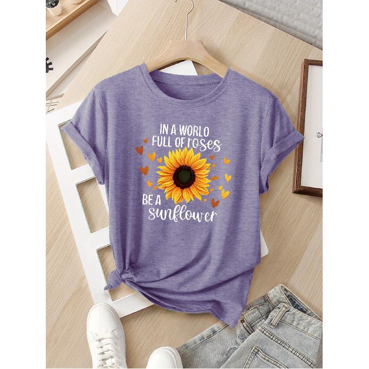 Women's European and American Summer Short-sleeve Shirt with Contrasting Colors and a Simple, Unique Sunflower Print Surrounded by a Heart