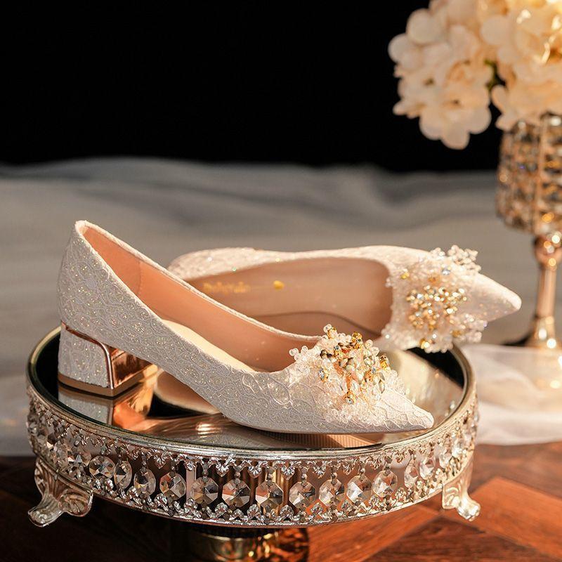 French Bridal Shoes Pearl Daily Wearable Shoes Fashion Single Shoes Thick Heel Dress Medium Heel Shoes French Wedding Shoes Women 2025