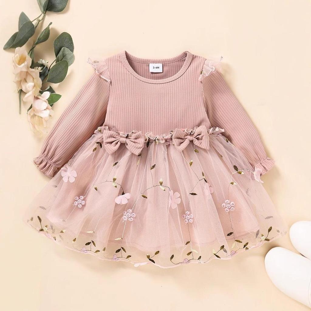 2024 Spring & Autumn European-American Mesh Long Sleeve Dress for Baby Girls - Trendy Children's Fashion Skirt.