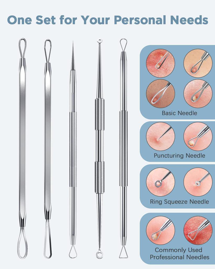 Set de 5 piese pentru îndepărtarea punctelor negre, cu capete duble, din oțel inoxidabil, negru