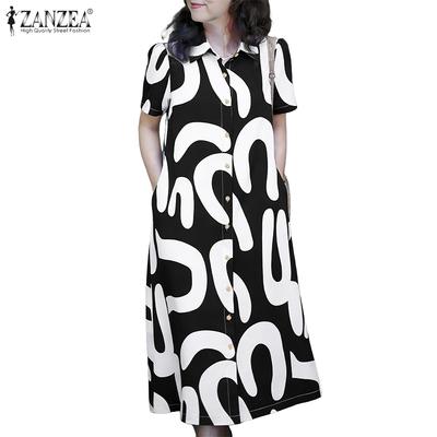 Women Casual Turn Down Collar Short Sleeve Print Dress