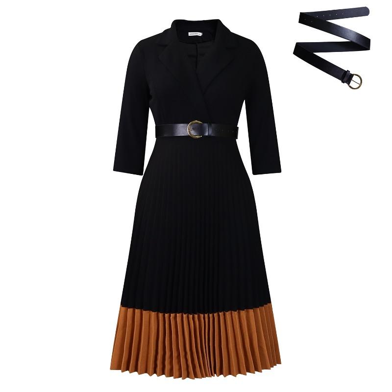 Spring and Autumn Fashion Women s Wear Collar Elegant Pleated Dress S чёрный