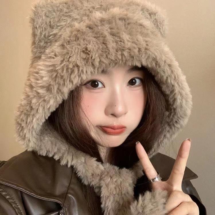 

Женская зимняя плюшевая шапка с ушками медведя и защитой ушей - большой размер чёрный