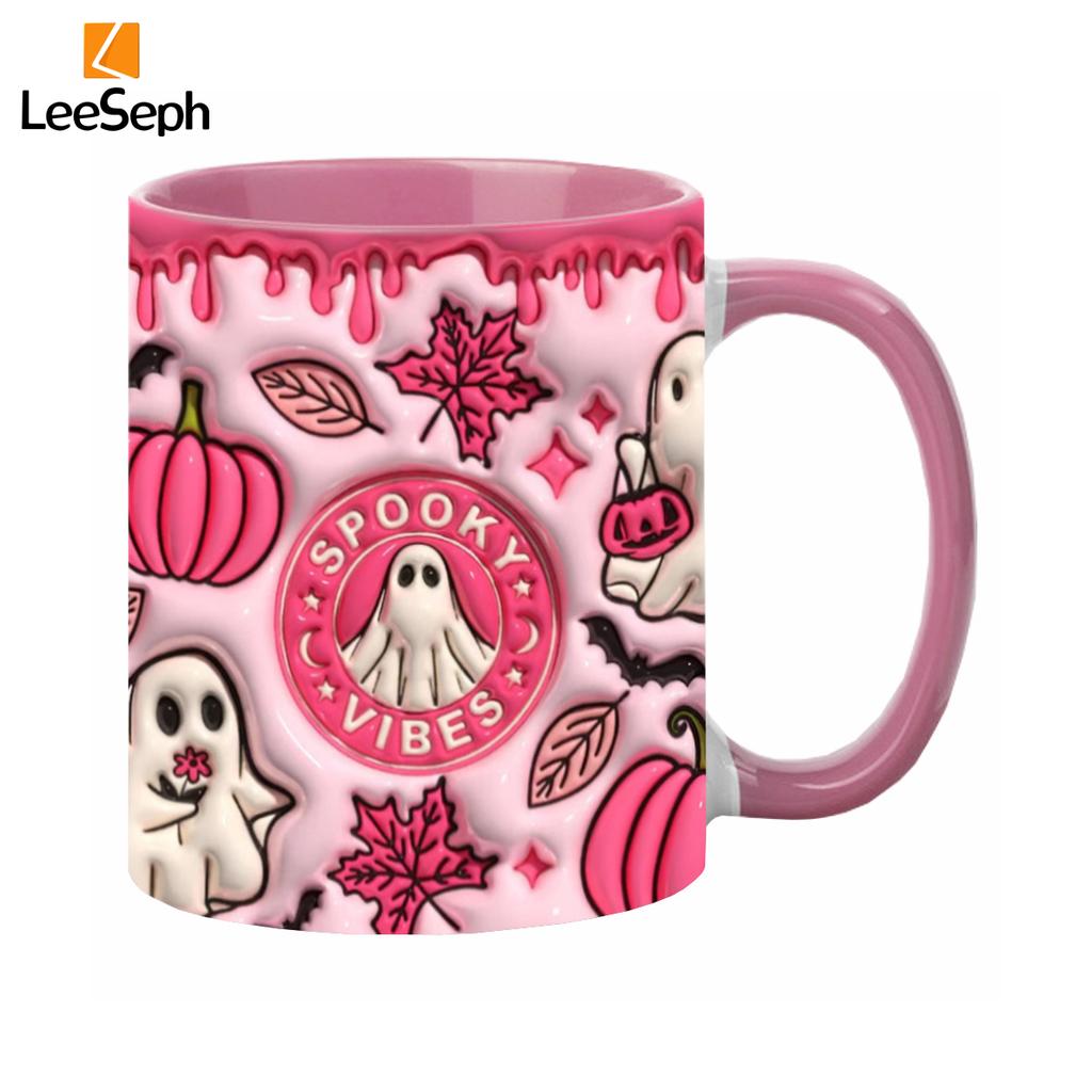 Leeseph 3D Effect Halloween Mug, Trick or Treat Halloween Pumpkin Ghost Ceramic Coffee Mug, Coffee Lover Halloween Decor Gift