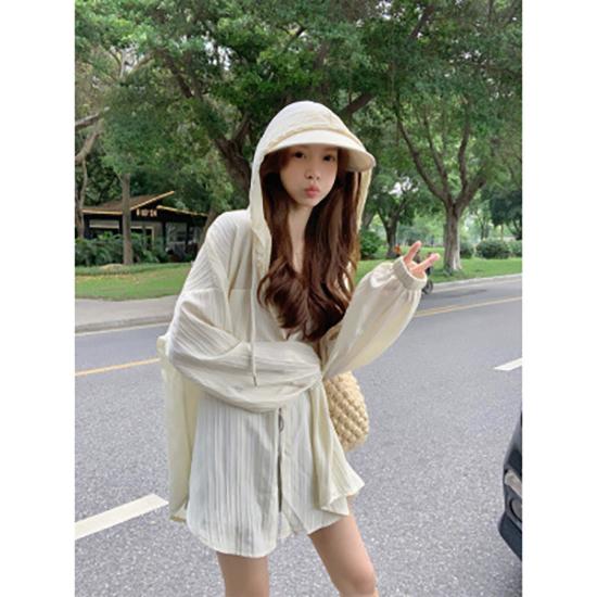 Long Sleeve Lightweight Loose Women Shirt Hooded Sun Protection Versatile Blouse Spring Autumn Retro Casual Solid Shirt