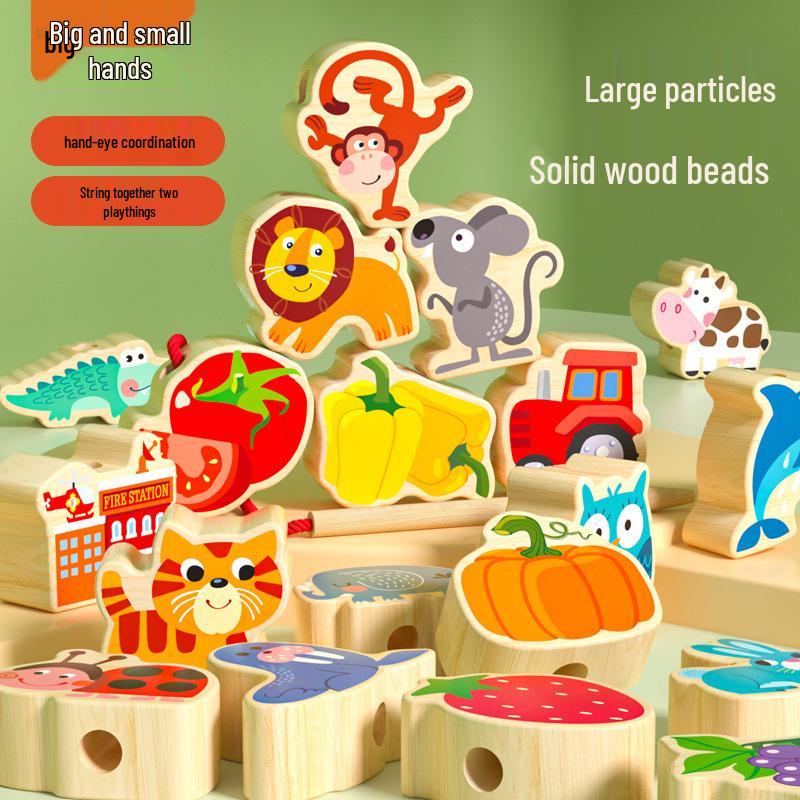 

Wooden Animal & Fruit Beaded Blocks - Educational Toy for 3-Year-Olds