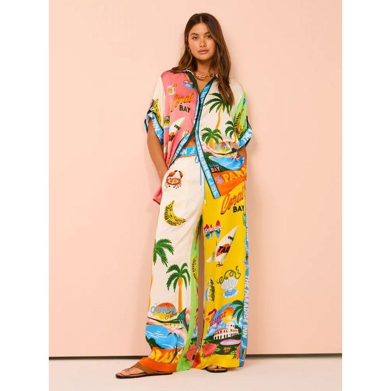 

2024 European and American Fashion Cool Print Short Sleeve Color Matching Travel Outfit Tether Suit. 8 Flower color S