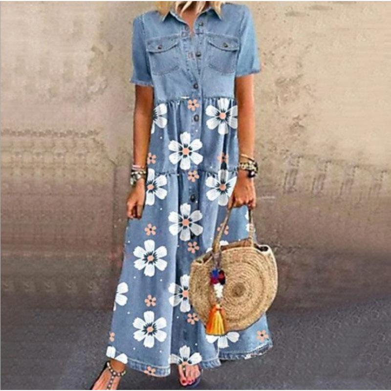 Damen Turn-Down-Kragen Kurzarm Denim Maxikleid Lockere Passform Hoher Bund Lässiges Hemdkleid