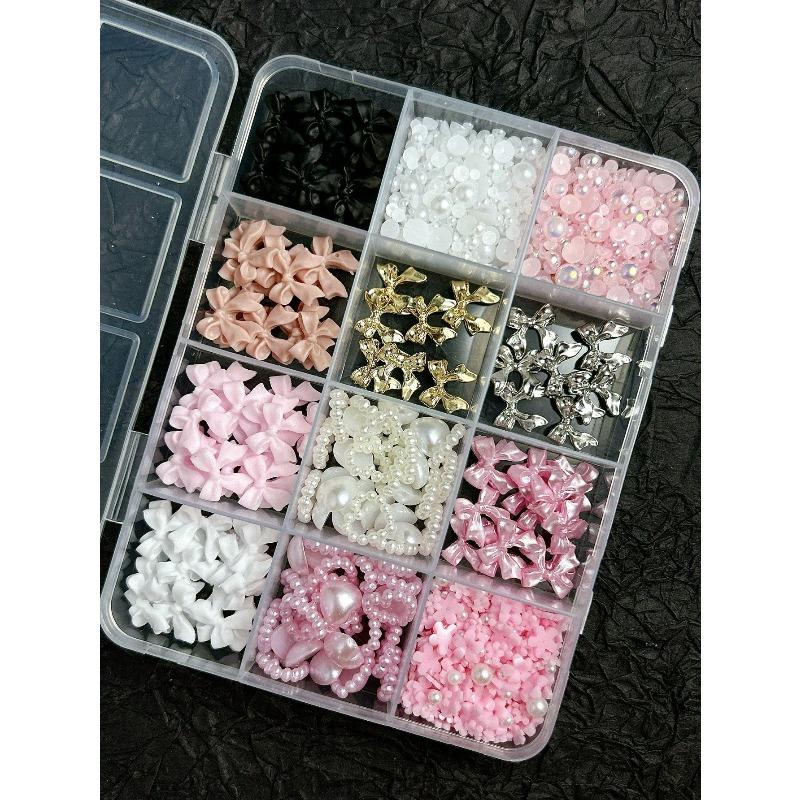 12-Compartment Box Mixed Resin Simulation Pearl Bow, Heart, Mini Floral Decor For Diy Nail Art Accessories, Nail Supplies Nail Charms
