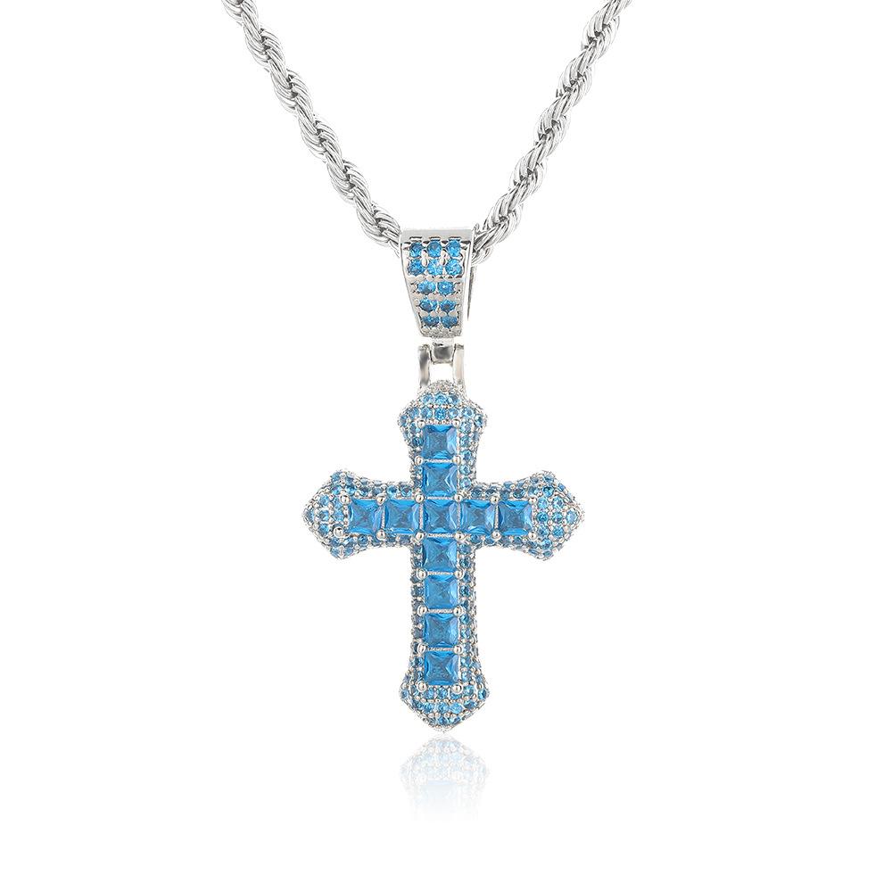 European and American Style Personalized Colorful Zircon Cross Necklace for Men Hip Hop Full Diamond Zircon Pendant Necklace Jewelry for Women